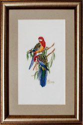 Картина «Разноцветные попугаи»,   ручная работа,  вышивка. 
