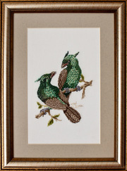 Картина «Рогатые птицы»,   ручная работа,  вышивка. 