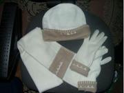 Шапка-шарф-перчатки,  комплект флисовый,  новый,  белый с бежевым